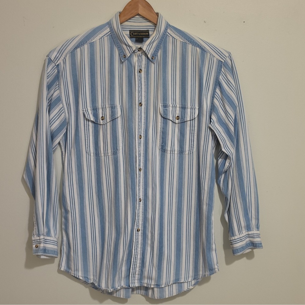 Croft & Barrow Men's LT Blue White Striped Cotton Button-Down Shirt Pockets